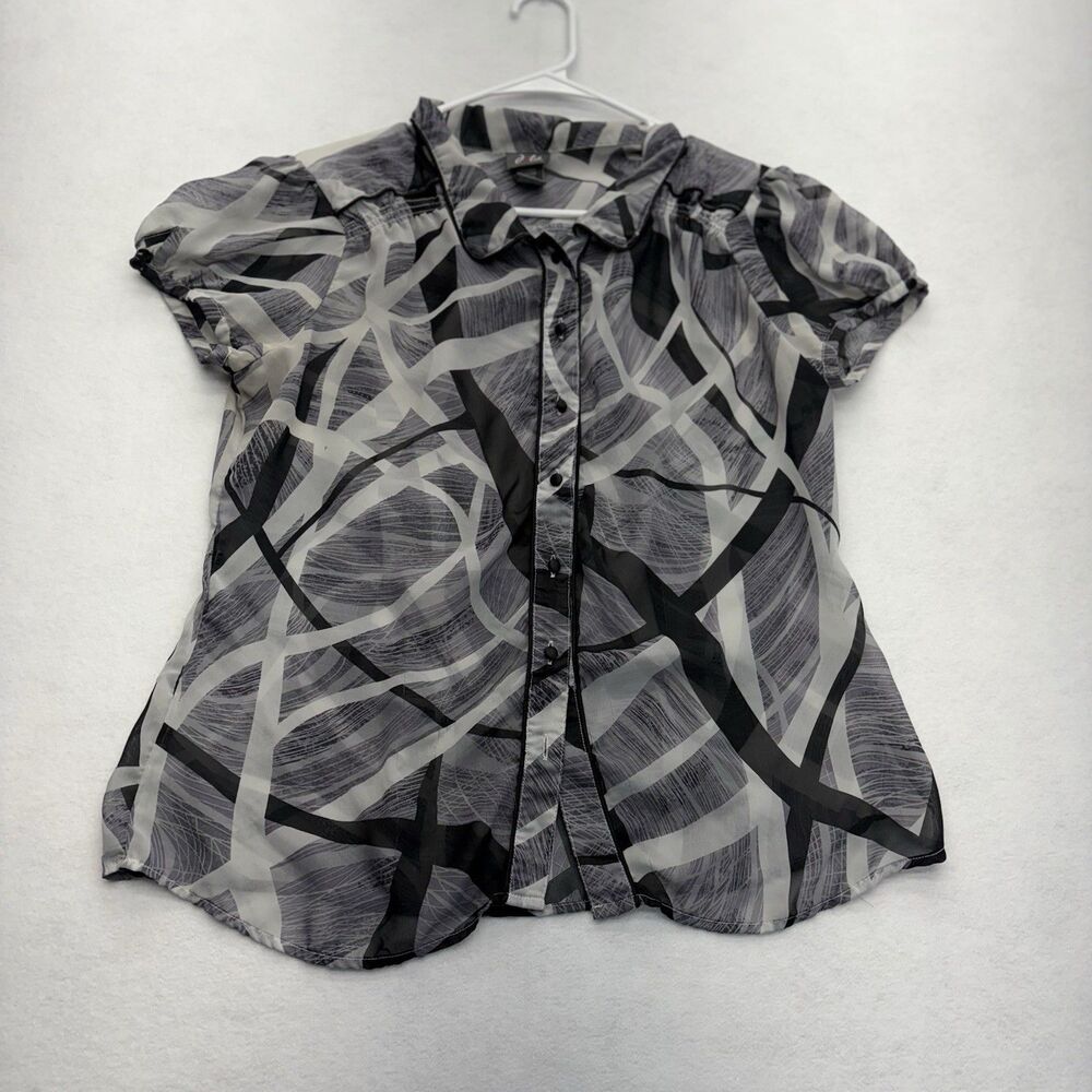 Dots Women’s XL Black Gray Abstract Button Front Sheer Blouse Short Sleeve